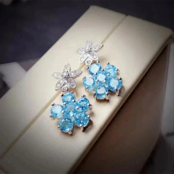 💎 New Arrival Fashion Sea Blue Flower Dangle Drop Earrings, GPMB1525 - Picture 5 of 5